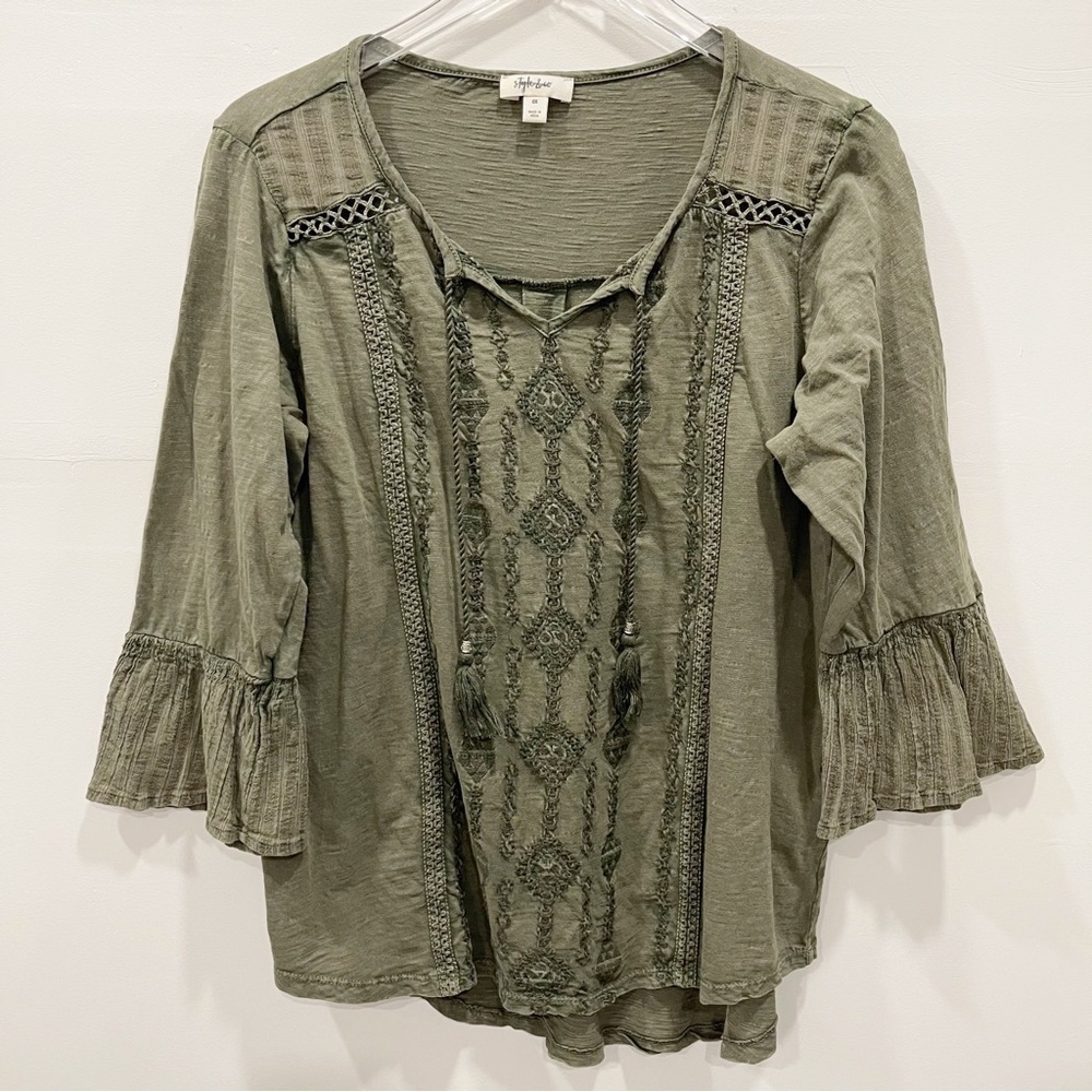 Style & Co Green Embroidered Bohemian Ruffle Sleeve Top Size 0X